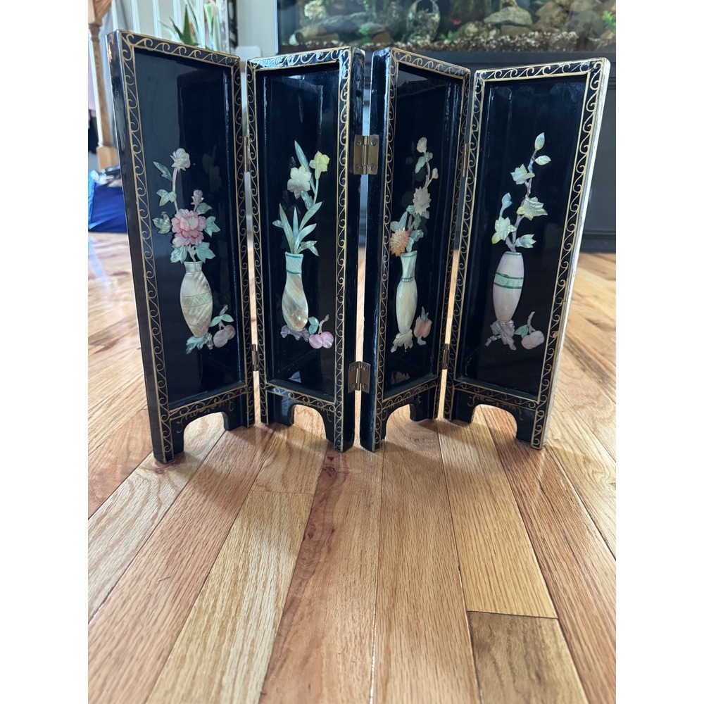 Mid Cent Black Lacquer Japanese Divider Inlaid Mother Of Pearl Plants Fruit